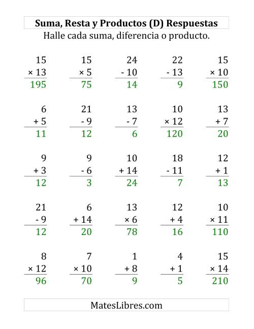 La hoja de ejercicios de 25 Ejercicios de Suma, Resta y Multiplicación (de 1 a 15) (D) Página 2