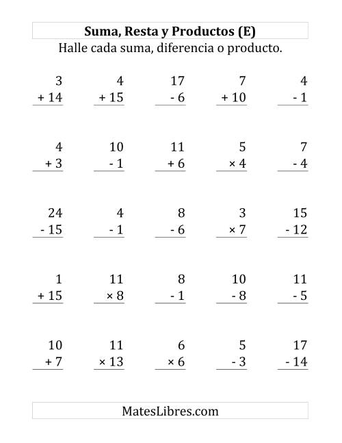 La hoja de ejercicios de 25 Ejercicios de Suma, Resta y Multiplicación (de 1 a 15) (E)