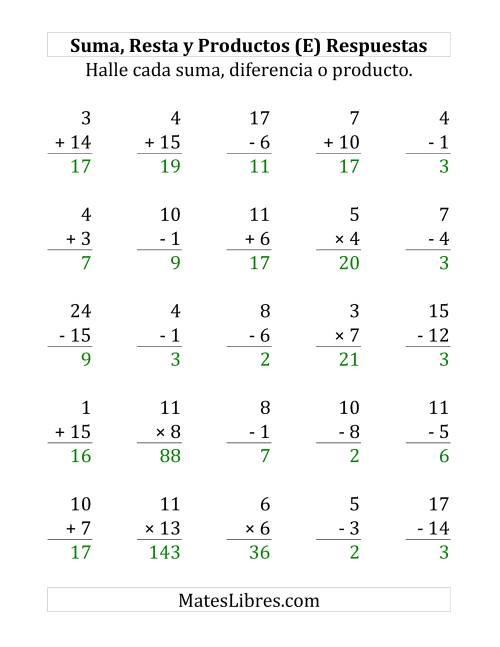 La hoja de ejercicios de 25 Ejercicios de Suma, Resta y Multiplicación (de 1 a 15) (E) Página 2
