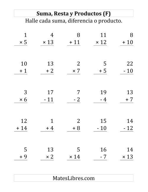 La hoja de ejercicios de 25 Ejercicios de Suma, Resta y Multiplicación (de 1 a 15) (F)