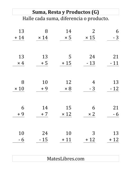 La hoja de ejercicios de 25 Ejercicios de Suma, Resta y Multiplicación (de 1 a 15) (G)