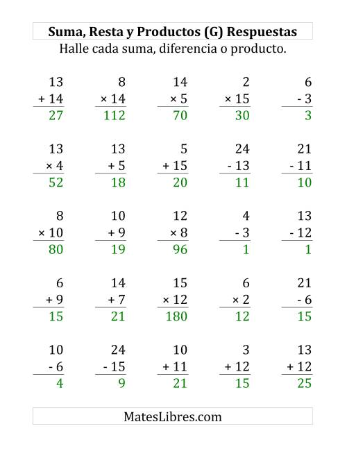 La hoja de ejercicios de 25 Ejercicios de Suma, Resta y Multiplicación (de 1 a 15) (G) Página 2