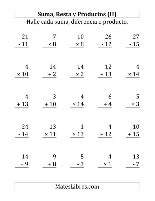 La hoja de ejercicios de 25 Ejercicios de Suma, Resta y Multiplicación (de 1 a 15) (H)