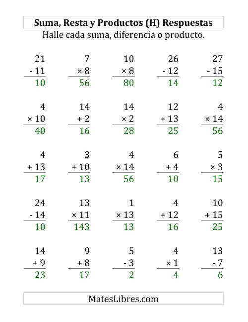 La hoja de ejercicios de 25 Ejercicios de Suma, Resta y Multiplicación (de 1 a 15) (H) Página 2