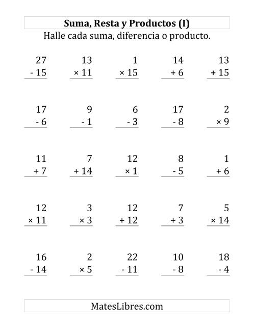 La hoja de ejercicios de 25 Ejercicios de Suma, Resta y Multiplicación (de 1 a 15) (I)