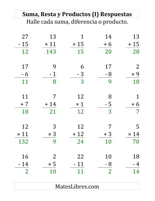 La hoja de ejercicios de 25 Ejercicios de Suma, Resta y Multiplicación (de 1 a 15) (I) Página 2