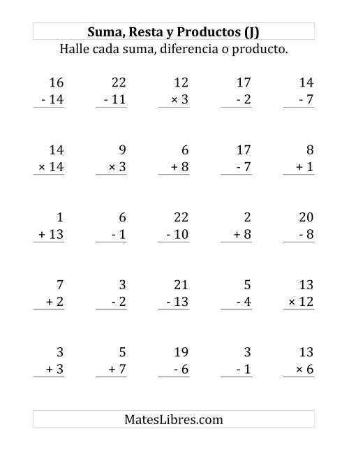 La hoja de ejercicios de 25 Ejercicios de Suma, Resta y Multiplicación (de 1 a 15) (J)