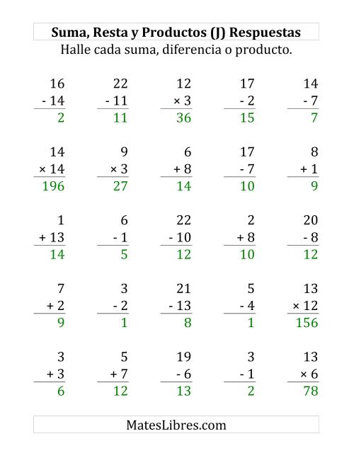 La hoja de ejercicios de 25 Ejercicios de Suma, Resta y Multiplicación (de 1 a 15) (J) Página 2
