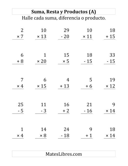 La hoja de ejercicios de 25 Ejercicios de Suma, Resta y Multiplicación (de 1 a 20) (A)