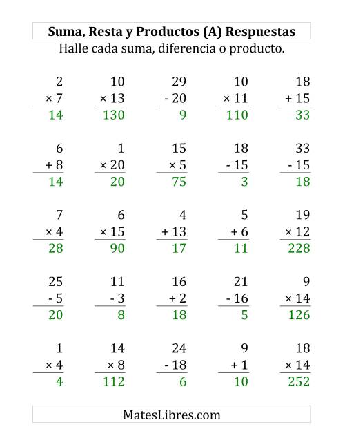 La hoja de ejercicios de 25 Ejercicios de Suma, Resta y Multiplicación (de 1 a 20) (A) Página 2