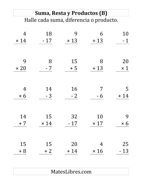 La hoja de ejercicios de 25 Ejercicios de Suma, Resta y Multiplicación (de 1 a 20) (B)