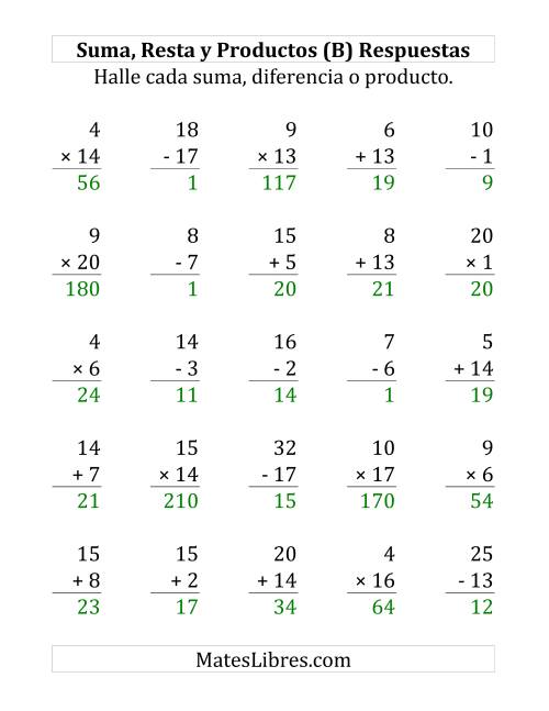 La hoja de ejercicios de 25 Ejercicios de Suma, Resta y Multiplicación (de 1 a 20) (B) Página 2