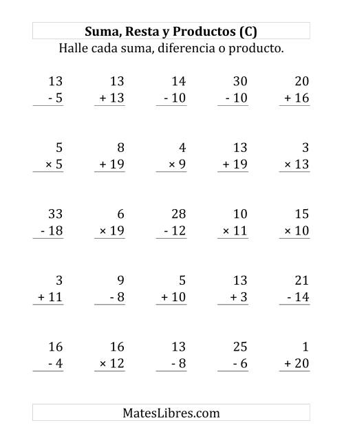 La hoja de ejercicios de 25 Ejercicios de Suma, Resta y Multiplicación (de 1 a 20) (C)