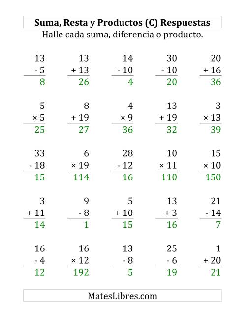 La hoja de ejercicios de 25 Ejercicios de Suma, Resta y Multiplicación (de 1 a 20) (C) Página 2