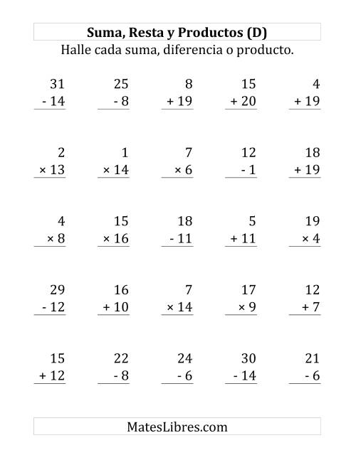 La hoja de ejercicios de 25 Ejercicios de Suma, Resta y Multiplicación (de 1 a 20) (D)