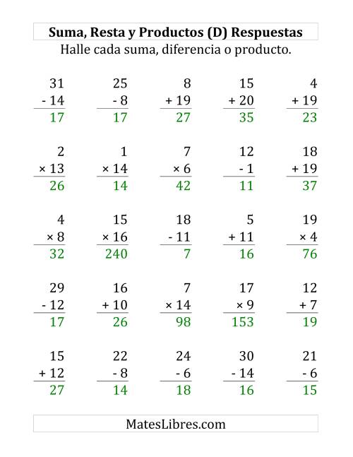 La hoja de ejercicios de 25 Ejercicios de Suma, Resta y Multiplicación (de 1 a 20) (D) Página 2