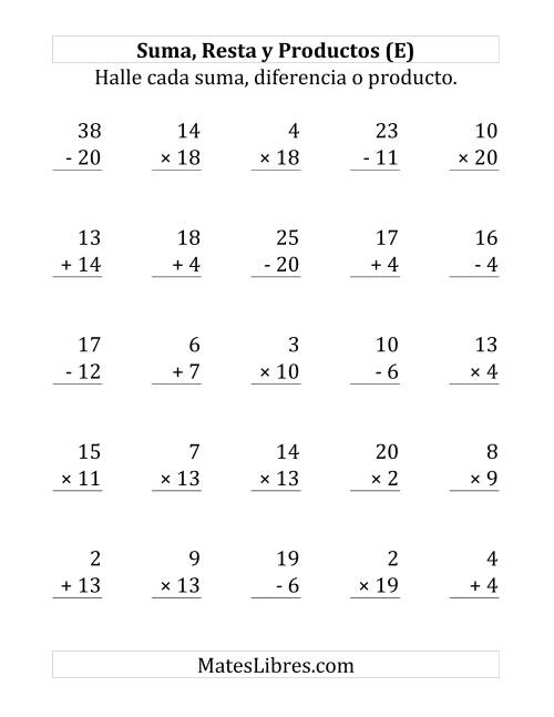 La hoja de ejercicios de 25 Ejercicios de Suma, Resta y Multiplicación (de 1 a 20) (E)