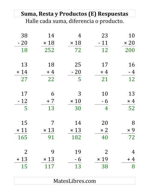 La hoja de ejercicios de 25 Ejercicios de Suma, Resta y Multiplicación (de 1 a 20) (E) Página 2