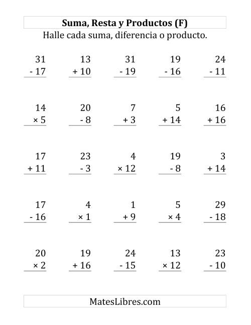 La hoja de ejercicios de 25 Ejercicios de Suma, Resta y Multiplicación (de 1 a 20) (F)