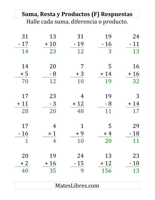 La hoja de ejercicios de 25 Ejercicios de Suma, Resta y Multiplicación (de 1 a 20) (F) Página 2