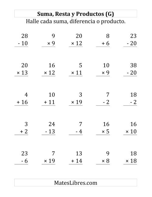 La hoja de ejercicios de 25 Ejercicios de Suma, Resta y Multiplicación (de 1 a 20) (G)