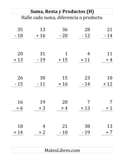 La hoja de ejercicios de 25 Ejercicios de Suma, Resta y Multiplicación (de 1 a 20) (H)