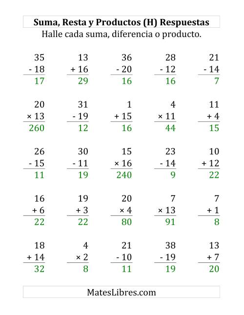 La hoja de ejercicios de 25 Ejercicios de Suma, Resta y Multiplicación (de 1 a 20) (H) Página 2