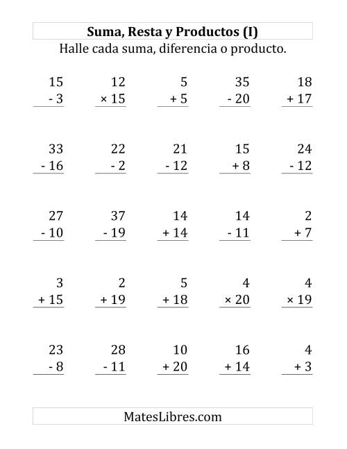 La hoja de ejercicios de 25 Ejercicios de Suma, Resta y Multiplicación (de 1 a 20) (I)