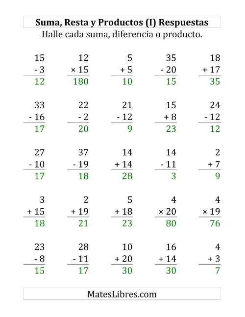 La hoja de ejercicios de 25 Ejercicios de Suma, Resta y Multiplicación (de 1 a 20) (I) Página 2
