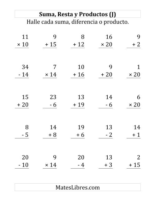 La hoja de ejercicios de 25 Ejercicios de Suma, Resta y Multiplicación (de 1 a 20) (J)