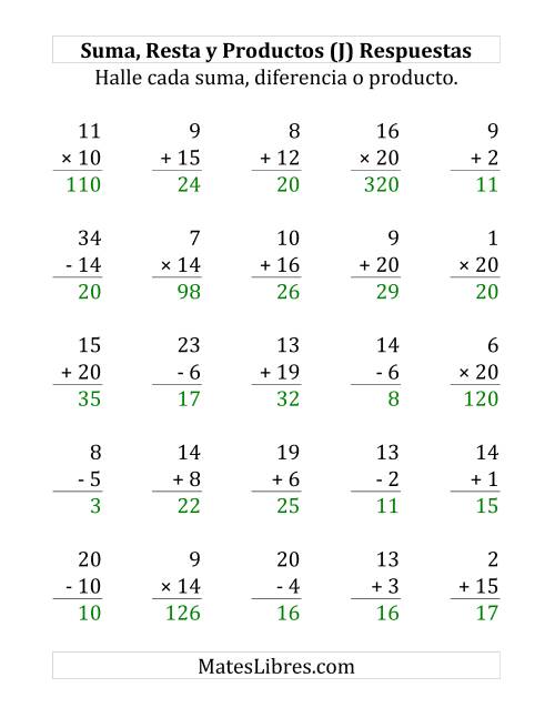 La hoja de ejercicios de 25 Ejercicios de Suma, Resta y Multiplicación (de 1 a 20) (J) Página 2
