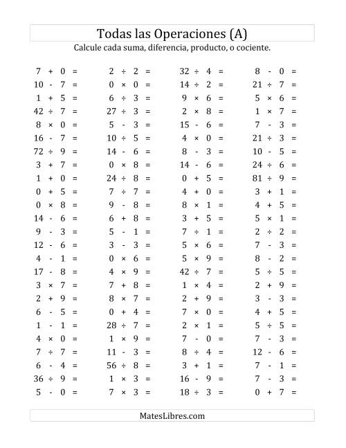La hoja de ejercicios de 100 Preguntas Horizontales de Suma, Resta, Multiplicación y División (de 0 a 9) (A)