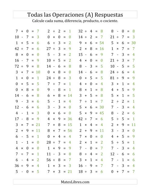 La hoja de ejercicios de 100 Preguntas Horizontales de Suma, Resta, Multiplicación y División (de 0 a 9) (A) Página 2