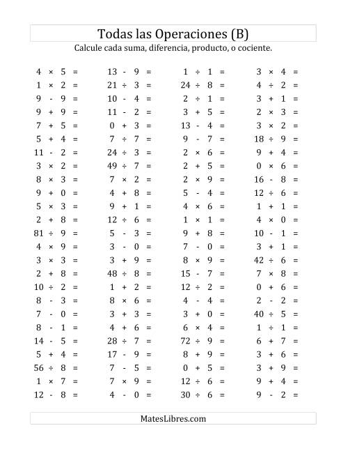 La hoja de ejercicios de 100 Preguntas Horizontales de Suma, Resta, Multiplicación y División (de 0 a 9) (B)