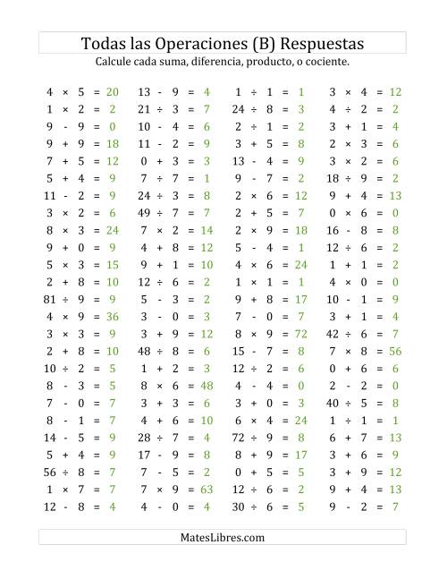 La hoja de ejercicios de 100 Preguntas Horizontales de Suma, Resta, Multiplicación y División (de 0 a 9) (B) Página 2
