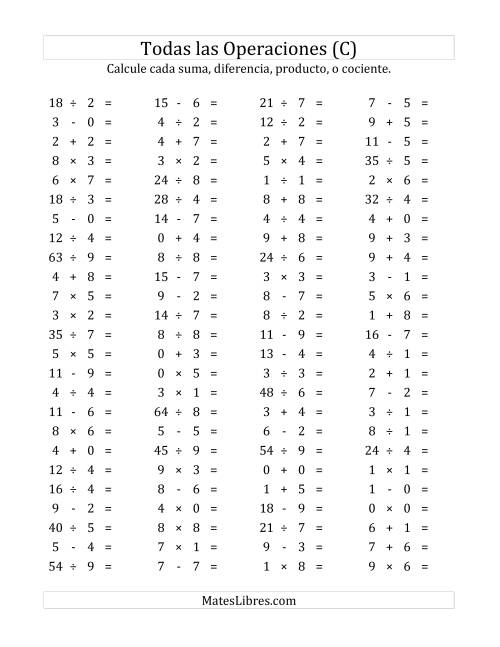 La hoja de ejercicios de 100 Preguntas Horizontales de Suma, Resta, Multiplicación y División (de 0 a 9) (C)
