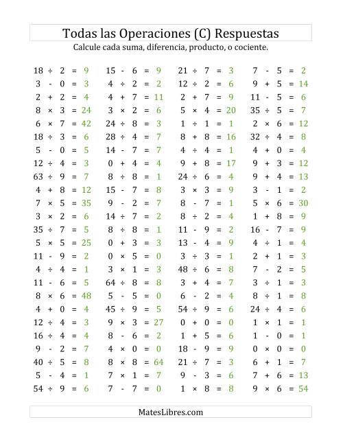La hoja de ejercicios de 100 Preguntas Horizontales de Suma, Resta, Multiplicación y División (de 0 a 9) (C) Página 2