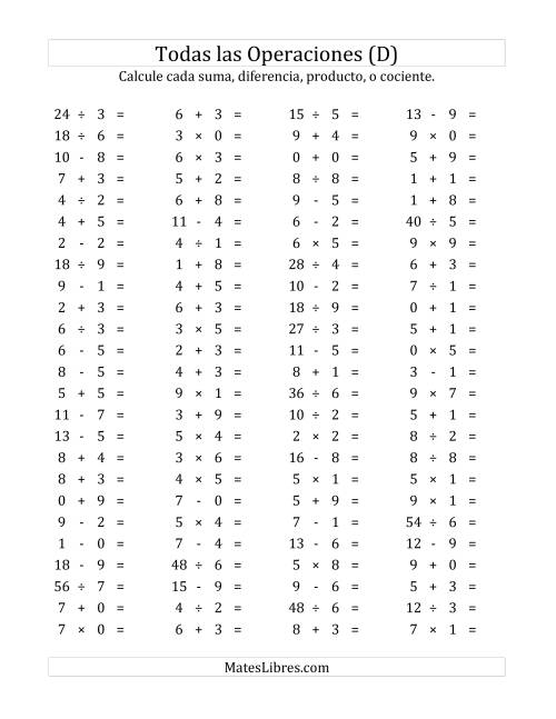 La hoja de ejercicios de 100 Preguntas Horizontales de Suma, Resta, Multiplicación y División (de 0 a 9) (D)