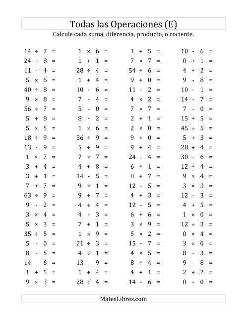 La hoja de ejercicios de 100 Preguntas Horizontales de Suma, Resta, Multiplicación y División (de 0 a 9) (E)