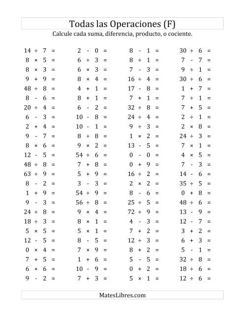 La hoja de ejercicios de 100 Preguntas Horizontales de Suma, Resta, Multiplicación y División (de 0 a 9) (F)
