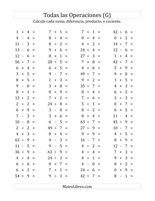La hoja de ejercicios de 100 Preguntas Horizontales de Suma, Resta, Multiplicación y División (de 0 a 9) (G)