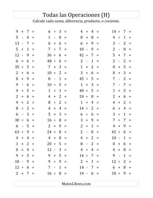 La hoja de ejercicios de 100 Preguntas Horizontales de Suma, Resta, Multiplicación y División (de 0 a 9) (H)
