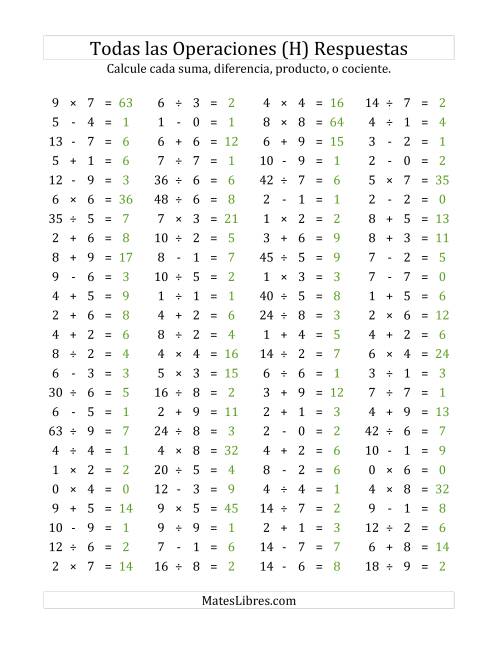 La hoja de ejercicios de 100 Preguntas Horizontales de Suma, Resta, Multiplicación y División (de 0 a 9) (H) Página 2