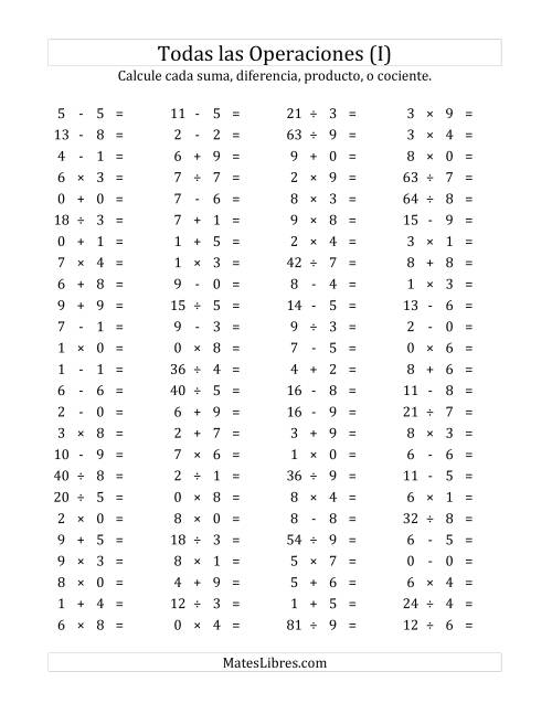 La hoja de ejercicios de 100 Preguntas Horizontales de Suma, Resta, Multiplicación y División (de 0 a 9) (I)