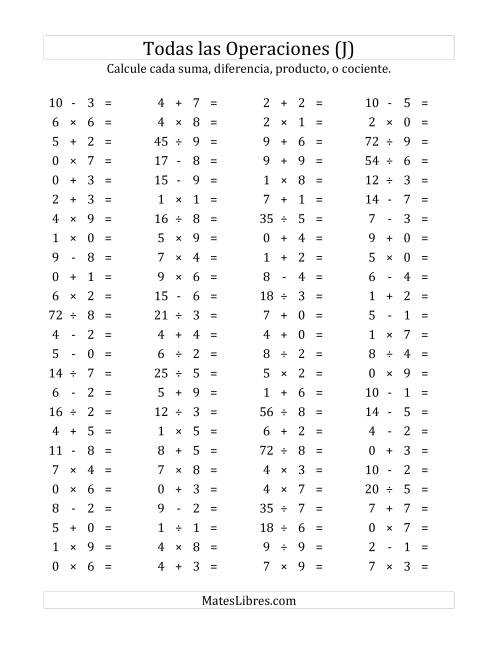 La hoja de ejercicios de 100 Preguntas Horizontales de Suma, Resta, Multiplicación y División (de 0 a 9) (J)