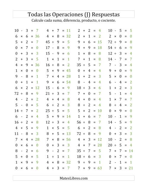 La hoja de ejercicios de 100 Preguntas Horizontales de Suma, Resta, Multiplicación y División (de 0 a 9) (J) Página 2