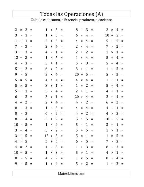 La hoja de ejercicios de 100 Preguntas Horizontales de Suma, Resta, Multiplicación y División (de 1 a 5) (A)