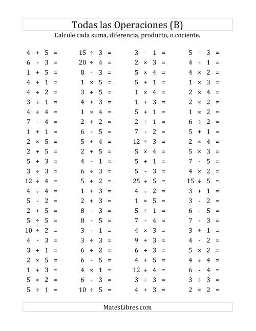 La hoja de ejercicios de 100 Preguntas Horizontales de Suma, Resta, Multiplicación y División (de 1 a 5) (B)