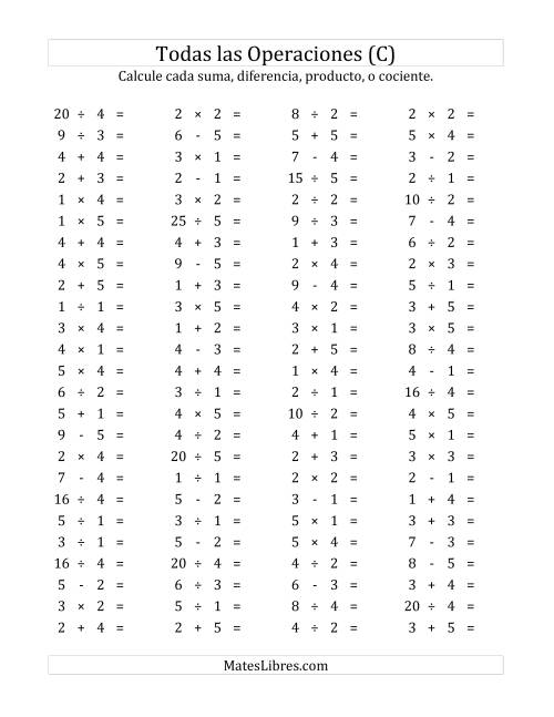 La hoja de ejercicios de 100 Preguntas Horizontales de Suma, Resta, Multiplicación y División (de 1 a 5) (C)