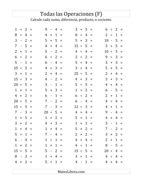 La hoja de ejercicios de 100 Preguntas Horizontales de Suma, Resta, Multiplicación y División (de 1 a 5) (F)